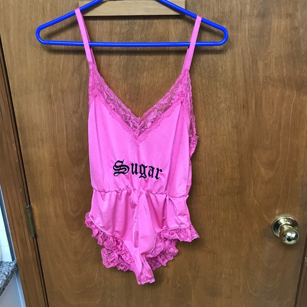 Sugar Thrillz “SUGAR” Romper Teddy Bodysuit Lingerie Pink Medium (no tag)